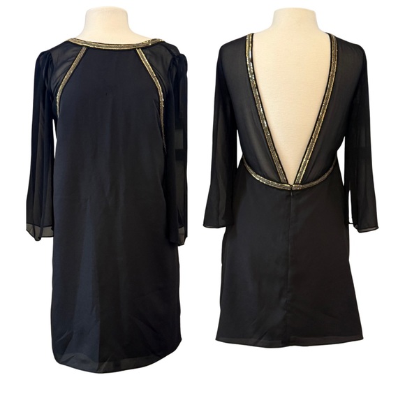 BCBGeneration Sz 6 Black Backless Mini Dress with Gold Sequin Trim Sheer Details - Picture 1 of 16